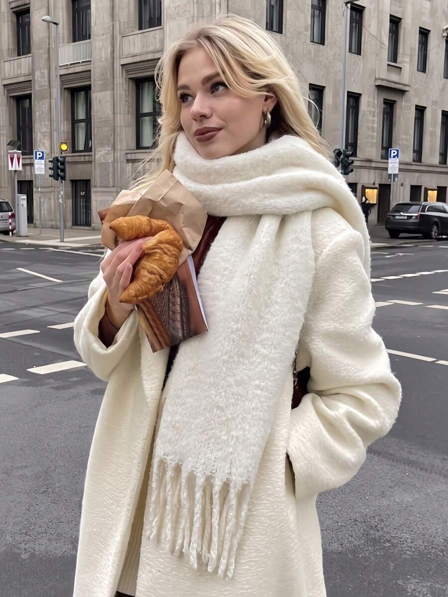 1pc Women's 30*180cm Solid Color Versatile College Style Elegant Thick Fringe Warm Scarf, Suitable For Autumn/Winter Cold Weather And Shopping Outfits - White - View 1