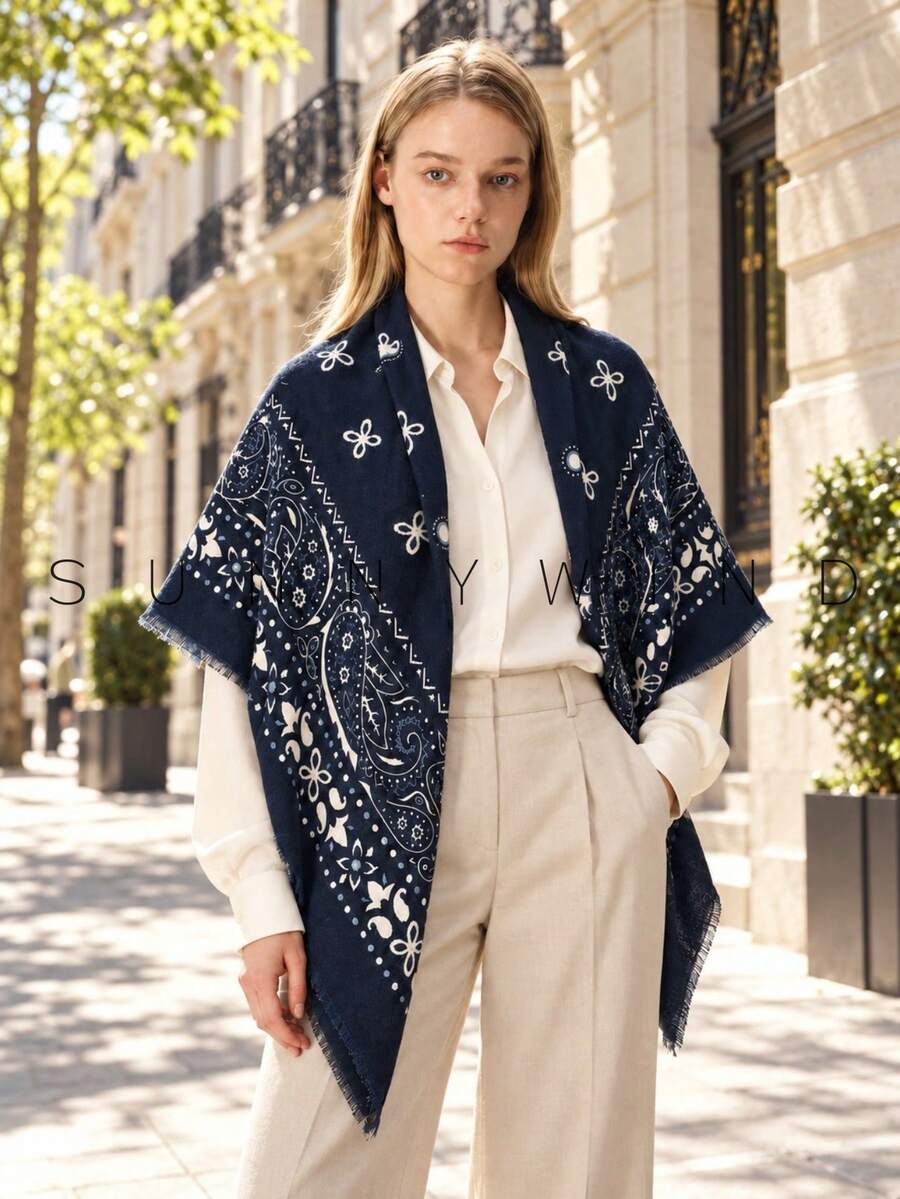 1pc Women's Paisley Pattern Fashion Elegant Versatile Polyester Square Scarf Shawl For All Seasons Daily Use - Navy Blue - View 1