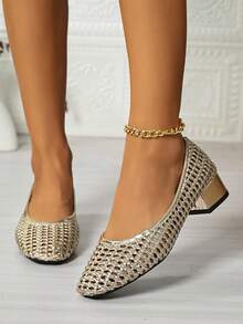 Women's Metallic Gold Woven Mesh Hollow High Heel Shoes, Square Toe Low Heel Slip-On Dress Shoes, Breathable Hollow Stretchable Design For Perfect Ankle Wrap, Suitable For Daily Wear And Parties - Gold - View 13
