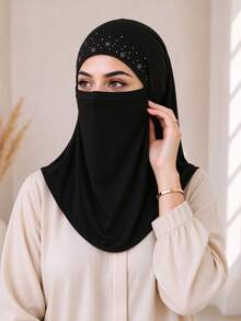 1PC Women Stretchy Niqab Hijab Undercap, Solid Color Breathable Face Cover Base Cap, Non Slip Modest Prayer Hijab, All Season Match Abaya Scarf - Black - View 1