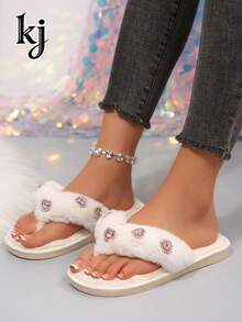 Women's Rhinestone Decorated Open Toe Slippers, Comfortable Indoor Home Slippers, Party And Daily Wear - Pink - View 3