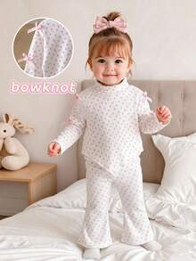 Baby Girl Floral Ribbed Mock Neck Top + Flare Pants 2 Pieces Set, Bow Sweet Outfit - White - View 4