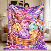 1PC Cute Rainbow Dumpling Starry Sky Print Flannel Throw Blanket, Cartoon Blanket For Sofa Bed Decor - Multicolor - View 1