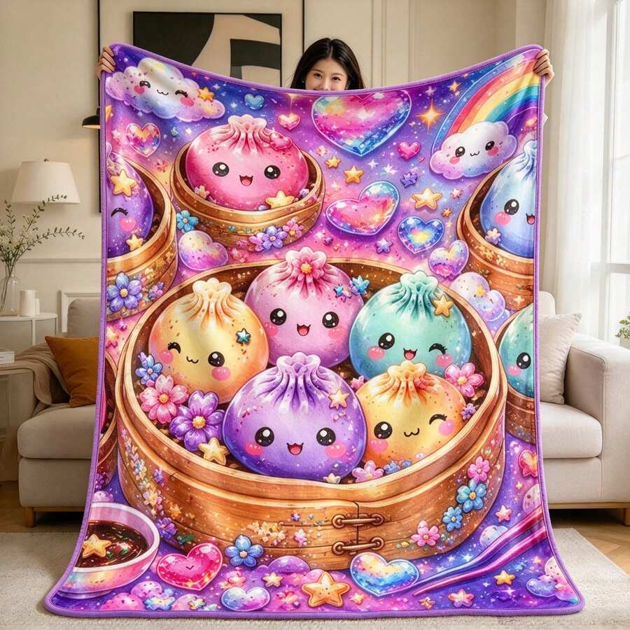 1PC Cute Rainbow Dumpling Starry Sky Print Flannel Throw Blanket, Cartoon Blanket For Sofa Bed Decor - Multicolor - View 1