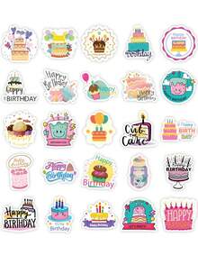 50Pcs Cartoon Happy Birthday Stickers, Cute Cake, Candle, Balloon, Gift Pattern Decals, Waterproof Vinyl Stickers For Water Bottle, Luggage, Laptop, Scrapbook, Birthday Party DIY Decor - one-size - View 7