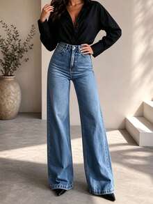 Women's Autumn Casual Washed Denim Wide Leg Pants, With Pockets, Long Length, Medium Stretch, All Season Fashion Style - Medium Wash - View 6