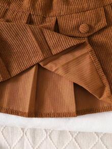 Young Girls Spring/Autumn Vintage Corduroy Short Turn-Down Collar Jacket + Pleated Skirt Casual 2 Pieces Set - Khaki - View 9