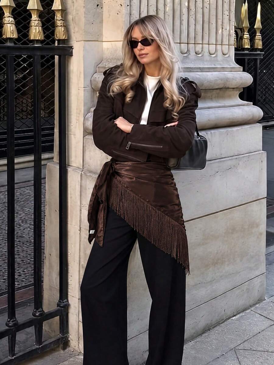 1PC Solid Color Tassel Square Scarf, Women's Multi-Functional Belt Accessory, Bag Scarf, Fashion Headband, Hair Scarf - Coffee - View 1