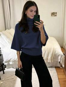 Women's Casual Autumn/Winter Solid Gray High Neck Batwing Sleeve Knit Top, Waist-Flattering Textured Pullover, Daily Commute Office Outfit - Navy Blue - View 7