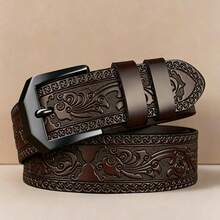 Vintage Men's Belt, Alloy Scratch-Resistant Metal Buckle, Exquisite Embossed Soft Strap, Premium Leather With Elegant Raised Tang Grass Pattern Design, Perfect Gift For Christmas And Halloween, Men's Multifunctional Fashion Accessory - AK Brown - View 4