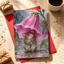 1/3sets Rainy Day Little Mouse Greeting Card, Soft Watercolor Style, Printed With A Little Brown Mouse Hiding In Big Pink Petal, Delicate Forest-Style Keepsake,Suitable For Birthday And Various Holiday Events - A - View 1