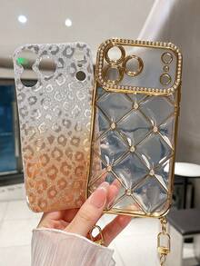 1pc Rhinestone Sequin Leather Chain Studded Air Cushion Electroplated Gold TPU Shockproof Phone Case Compatible With IPhone - Multicolor - View 8