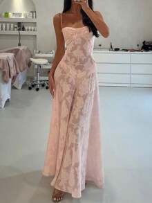 Top Dazzle Fashionable Women's Long Dress, Sleeveless Spaghetti Strap Design With Delicate Spaghetti Strap And Intricate Floral Pattern, Help You Stand Out In Any Ball Or Elegant Occasion - Pink - View 4