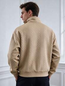 Men's Diamond Quilted Jacquard Stand Collar Jacket, 3D Textured Fabric Zipper Front Design, Side Pockets Loose Fit Casual Outerwear For Daily Wear, Simple European Luxury Style Indoor Photo - Khaki - View 2