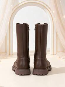 1 Pair High-Top Chelsea Boots, Soft PU + Round Toe Elastic Thick Sole, Inner Zipper Design, Fashionable Minimalist Princess Style, Long Boots, Suitable For Daily Wear, Campus, Holidays, Parties - Coffee Brown - View 7