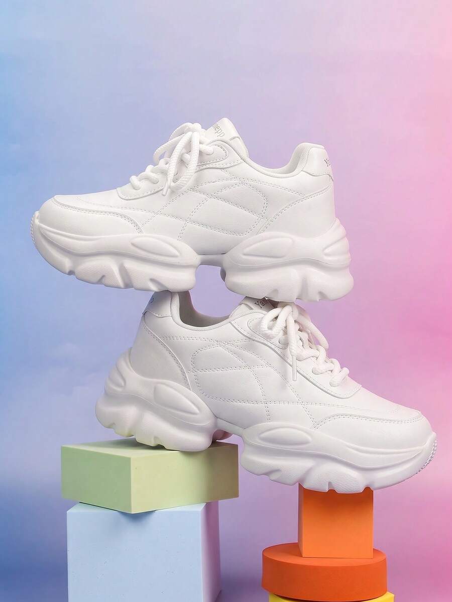 Basic White Leather Chunky Sneakers, Sleek Design Visually Slimming, Versatile All-Season White Shoes For Various Outfits - White - View 1