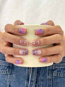 10pcs/Set Y2K Nails Handmade, Cute Nails, Purple Nails, 3D Spider Nails & 3D Spider Web Nails, Gradient Nails, Perfect For Parties & Daily Wear. Short Square Nails. Handmade Press On Nails Square, Fake Nails, Acrylic Nail, Handmade Nails, Fall Nails - Multicolor - View 2