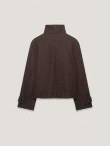 CAREE Women's Fall Winter Stand Collar Asymmetrical Button Pocket Short Wool Blend Coat - Coffee Brown - View 2