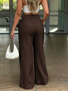 GLAMSKIN Fall Women High Waist Textured Wide Leg Linen Blend Pants,Stitch Detail Loose Palazzo Trousers With Pockets,Casual Summer Pants - Brown - View 5