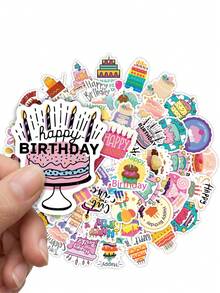 50Pcs Cartoon Happy Birthday Stickers, Cute Cake, Candle, Balloon, Gift Pattern Decals, Waterproof Vinyl Stickers For Water Bottle, Luggage, Laptop, Scrapbook, Birthday Party DIY Decor - one-size - View 3