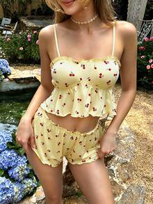 2件組女款秋季櫻桃印花居家服套裝，荷葉邊下擺細肩帶波浪邊方領睡衣套裝，甜美睡衣 - 黃色 - 查看 5