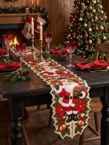 1pc Santa Claus Christmas Linen Table Runner, Red Santa, Gift Box, Gold Bell, Poinsettia And Holly Berry Print, Festive Floral Cutout Shape, Dining Table, Coffee Table And Holiday Party Home Decor - B - View 7