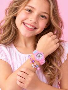 2pcs Set Girls Cartoon Unicorn Glowing Watch, Cute Elementary Student Quartz Wristwatch With Colorful Glass Beaded Bracelet - Pink - View 7