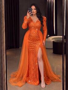 Faeriesty Haute Glamour Plus Size V-Neck Beaded Mermaid Evening Gown, Long Sleeve, High Slit, Side Patchwork And Train Design, Suitable For Gala, Wedding And Award Ceremony - Orange - View 4