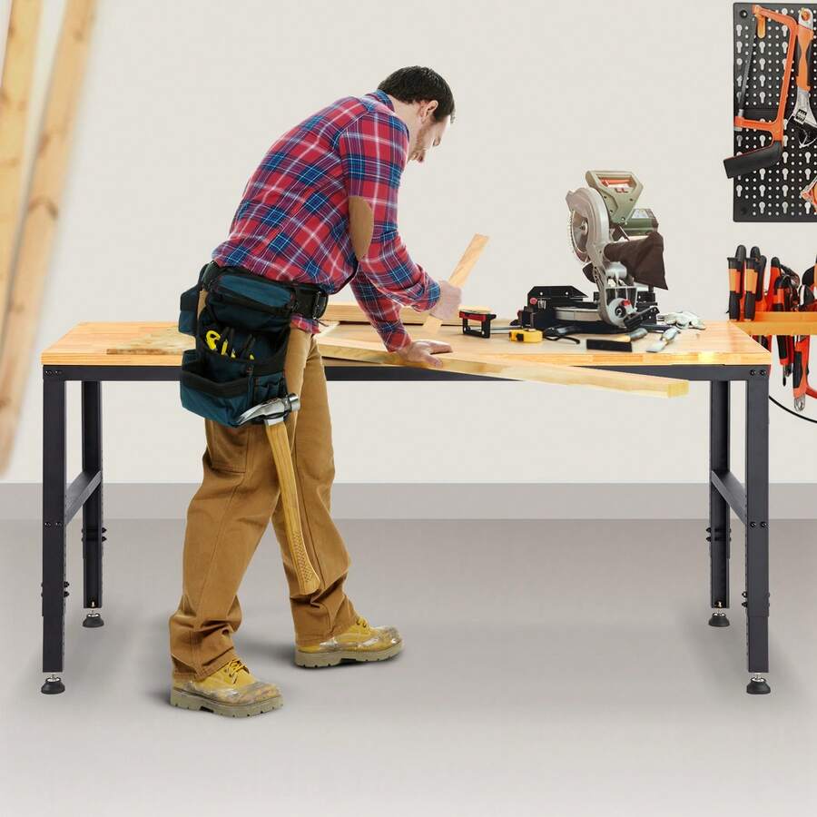 Adjustable Workbench, 48" L X 20" W X 38.1" H Garage Table With 28.3"-38.1" Heights & 2000 Lbs Load Capacity, With Power Outlets & Hardwood Top & Metal Frame & Foot Pads, For Office Home Garage - 48 X 20 In - View 1
