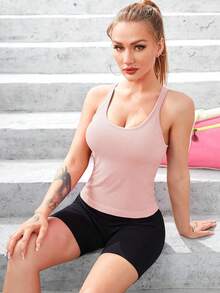 Women's Solid Color Casual Daily Top With Built-In Bra - Pink - View 4