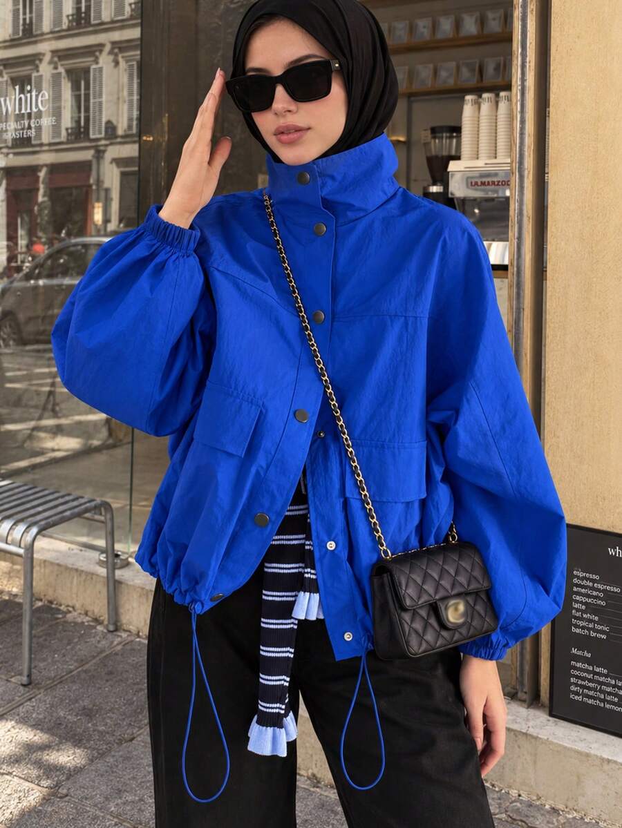Fashionable Women's Long Sleeve Blue Jacket With Stand Collar And Drawstring, Suitable For Autumn/Winter - Blue - View 1