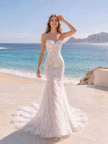 Nordiya Elegant Sexy Strapless Heart-Shaped Neckline Lace Embroidered Mermaid Tail Bodycon Color-Block Long Women's Wedding Dress Suitable For Bride - Beige and Nude - View 2