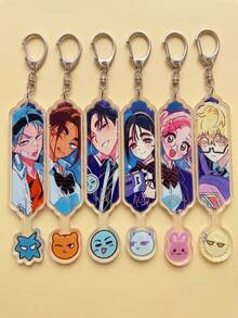 6pcs Anime High School Students Vertical Frame Aesthetic Acrylic Keychains With Mini Animal Charm, Backpack And Car Key Accessories, 2D Anime Fan, Japanese School Style Aesthetic, Chibi Charms Double Layer Pendant And Fan Merchandise Gift - Multicolor - View 4