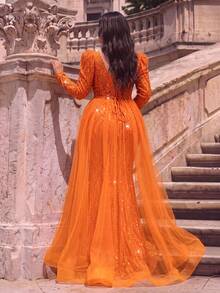 Faeriesty Haute Glamour Plus Size V-Neck Beaded Mermaid Evening Gown, Long Sleeve, High Slit, Side Patchwork And Train Design, Suitable For Gala, Wedding And Award Ceremony - Orange - View 2