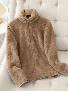 Women's Winter Solid Color Thick Warm Double-Sided Fleece Zipper Jacket - Coffee - View 1