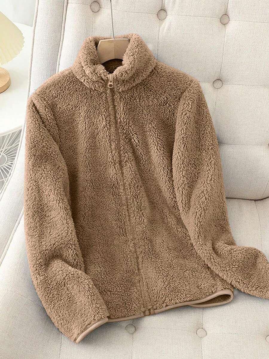 Women's Winter Solid Color Thick Warm Double-Sided Fleece Zipper Jacket - Coffee - View 1