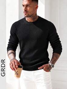 GRDR Men's Black Half-High Round Neck Vertical Ribbed Ribbed Knit Sweater, Autumn/Winter Long Sleeve Minimalist Base Layer - Black - View 9