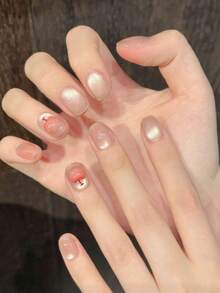 10PCS Short Round Handmade Press On Nails For Party And Daily Wear,Fall And Winter Nails,Pink Cat Eye Press On Nails,Hand Painted Gradient Cherry Fake Nails,Pure Sweet Handmade False Nails,Suitable For Girls And Women Festivals Parties And Daily Wear - Baby Pink - View 3
