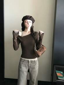 Women's Autumn/Winter Brown Faux Two-Piece Cold Shoulder Long Sleeve Knit T-Shirt, Slim Fit Flattering Base Layer Top - Coffee Brown - View 8