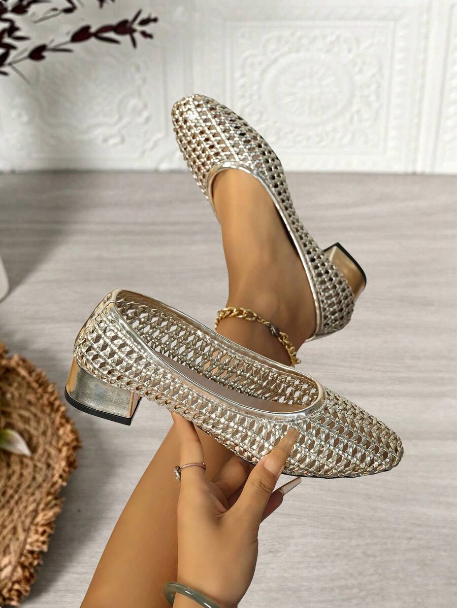 Women's Metallic Gold Woven Mesh Hollow High Heel Shoes, Square Toe Low Heel Slip-On Dress Shoes, Breathable Hollow Stretchable Design For Perfect Ankle Wrap, Suitable For Daily Wear And Parties - Gold - View 1