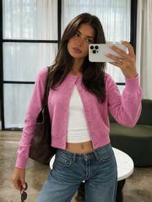 FOR BEAUTY Women's New Autumn/Winter Round Neck Small Shell Knot Button Long Sleeve Knit Cardigan Top, Women's Short Loose Comfortable Casual Pink Valentine's Day Sweater Jacket - Pink - View 3