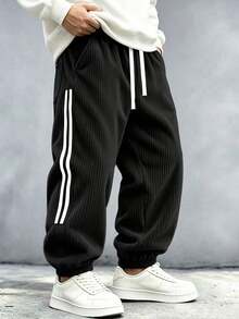 Plus Size Men's Corduroy Joggers, Side Stripe Loose Elastic Drawstring Sweatpants, Casual Sports Long Pants For Autumn/Winter - Black - View 3