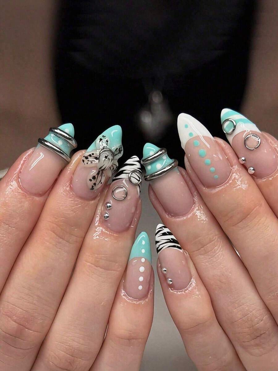 24pcs Autumn Almond Shaped Nail Stickers, Mint Blue Y2K French Tip Nail ...