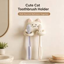 Cute Cat Toothbrush Holder, Wall-Mounted Self-Adhesive Silicone Bathroom Storage, Quick Drainage Space-Saving Multi-Purpose Wall Shelf, Suitable For Toothbrushes, Makeup Brushes, Razors - Multicolor - View 4