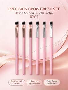 6Pcs Angled Eye&Brow Makeup Brush Set, Multi-Use Tools For Eyebrow Shaping, Eyeliner Drawing, Small Area Eye Detail Makeup - Pink - View 1
