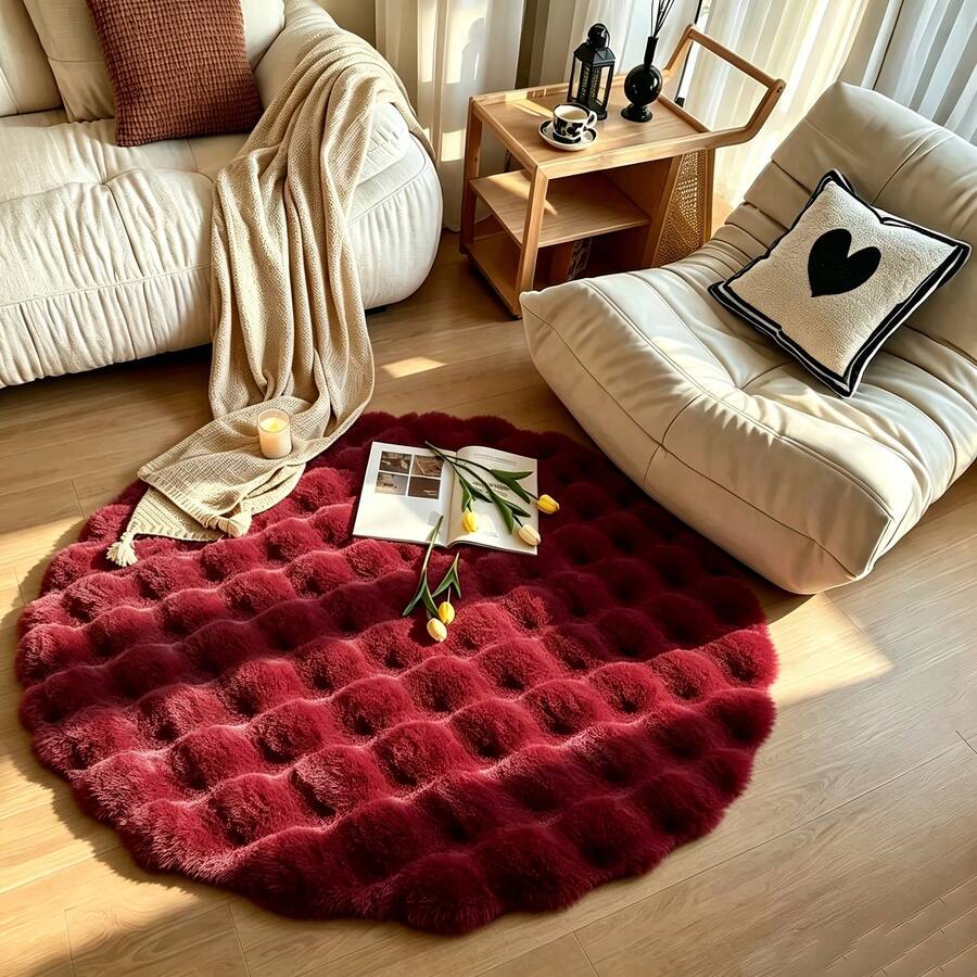 Soft Fluffy Rug Burgundy Area Round Rug,For Bedroom,Living Room,Study,Office,Plush Bedroom Rugs, Washable & Non-Slip,Cute Rug,Faux Fur Rug,Living Room Rug,Bedroom Rugs,Shaggy Rug,Bedside Rug,Decorative Rug,Bedroom Decor,Home Decor,Room Decorations - Burgundy - View 1
