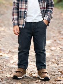 Young Boy Straight Leg Denim Jeans, Boys Casual Soft Elastic School Sports Pants, Spring Autumn - Dark Wash - View 1