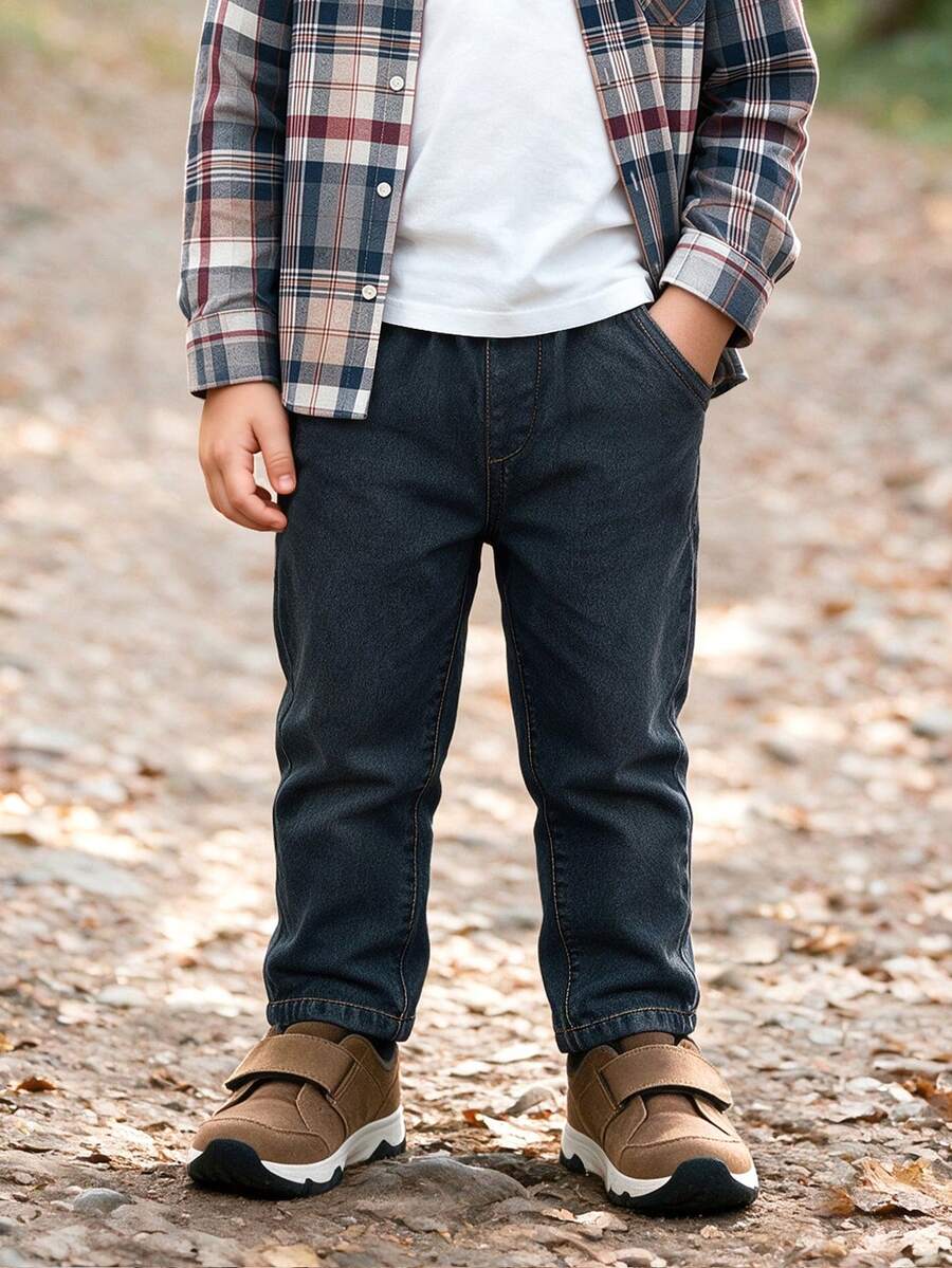 Young Boy Straight Leg Denim Jeans, Boys Casual Soft Elastic School Sports Pants, Spring Autumn - Dark Wash - View 1