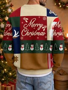 Men's Colorblock MerryChristmas Santa Claus Snowman Reindeer Print Crew Neck Sweatshirt Holiday Essential - Multicolor - View 5