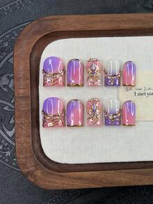 10pcs/Set Y2K Nails Handmade, Cute Nails, Purple Nails, 3D Spider Nails & 3D Spider Web Nails, Gradient Nails, Perfect For Parties & Daily Wear. Short Square Nails. Handmade Press On Nails Square, Fake Nails, Acrylic Nail, Handmade Nails, Fall Nails - Multicolor - View 1
